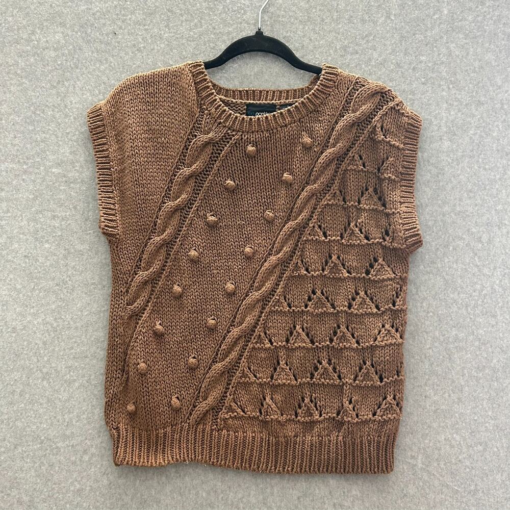 Womens Hand Knit Cable Knit Popcorn Sweater Sz L Brown Minimalist Cotton Neutral